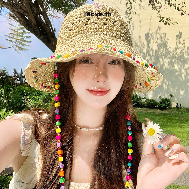 ในไทย-พร้อมส่ง✨หมวกกันแดดชายหาดแฟชั่น ลูกปัดไม้หลากสี วันหยุดพักผ่อนหมวกฟางกลวง ปีกหมวกกว้าง ผู้หญิงที่-Move