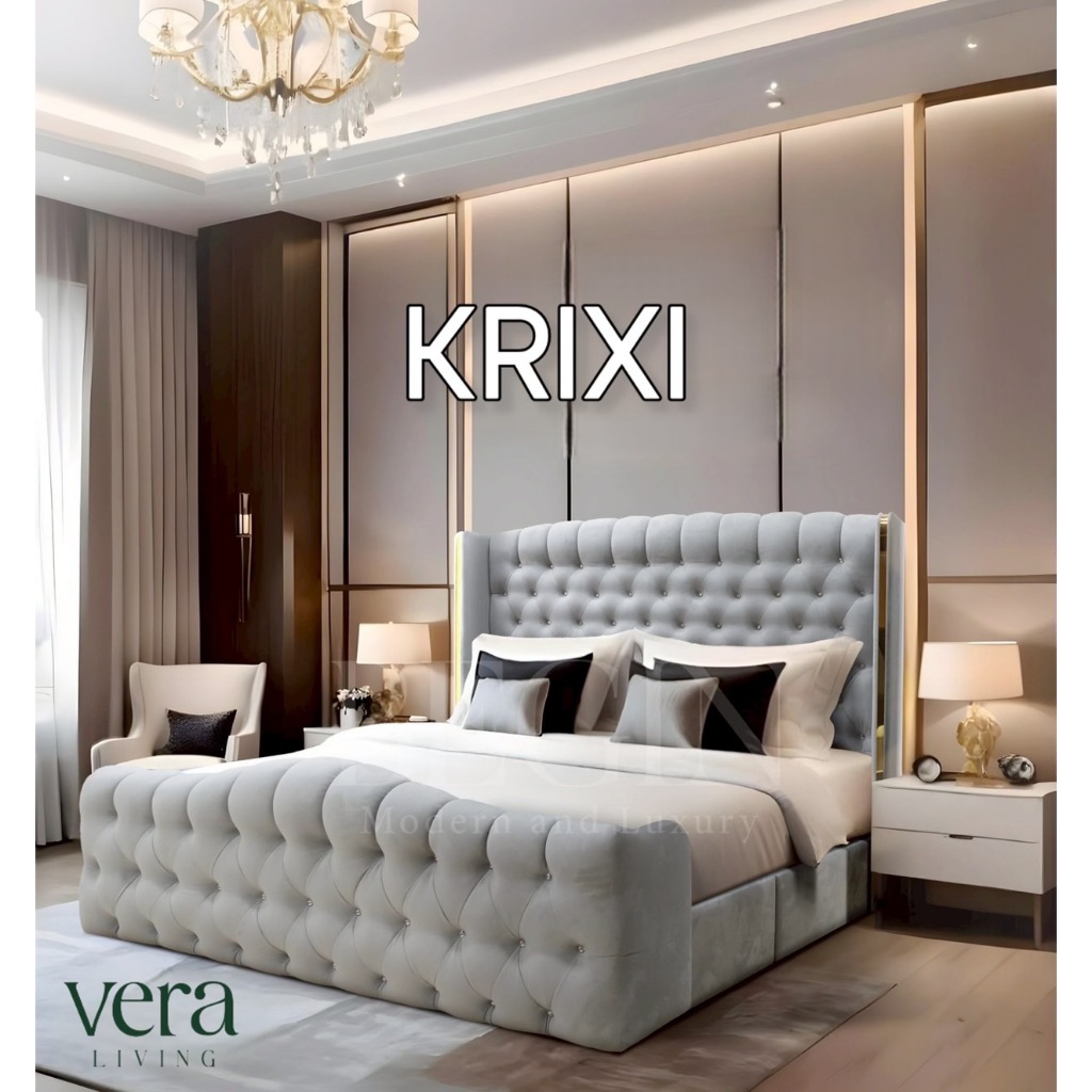 เตียงนอนเจ้าหญิงสไตล์ luxury ขนาด 5 , 6 ฟุต รุ่นคริกซี่ ( KRIXI ) หุ้มผ้าเดนมาร์กกันน้ำ สีเทา l Vera Livingmall.