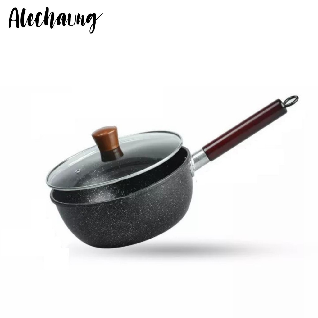 หม้อเคลือบหินอ่อน กระทะเคลือบหินอ่อน snow pan หินไมฟาน  ด้ามจับทนความร้อน 16cm 18cm 20cm pot Alechaung coffee