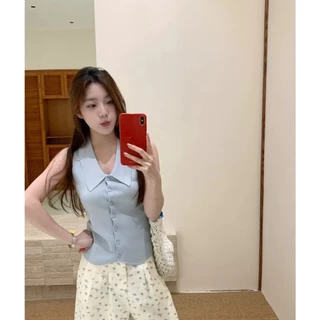 Cicishop(TZ8016) เสื้อไหมพรมแขนกุดคอปก แต่งกระดุม ทรงรัดรูป แฟชั่นสไตล์สาวเท่