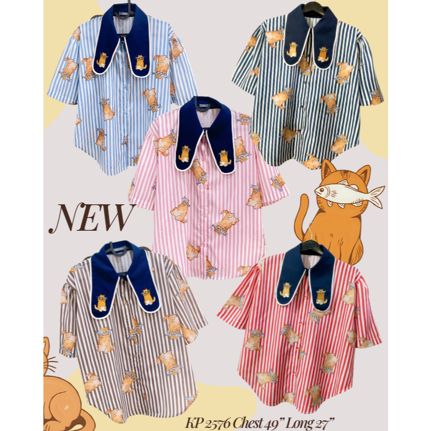 Grafieldเสื้อเชิ้ตแขนสั้นปักน้อนนแมววถือปลาปิดตา เนื้อผ้าพิมลายชัดดเด่นนสะดุดตาาคิ้วท์สุดๆ 2576
