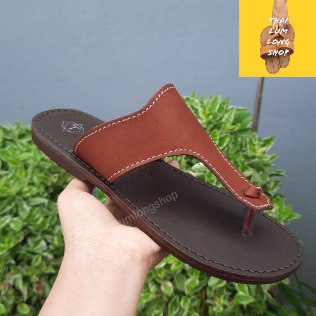 Thailumlong รองเท้าแตะหนังแท้เย็บมือ รุ่น F(115) ลำลอง ดูเท่ ทนทาน ใส่สบาย  มี 2 สี สีแทน สีน้ำตาลแดง สีน้ำตาล