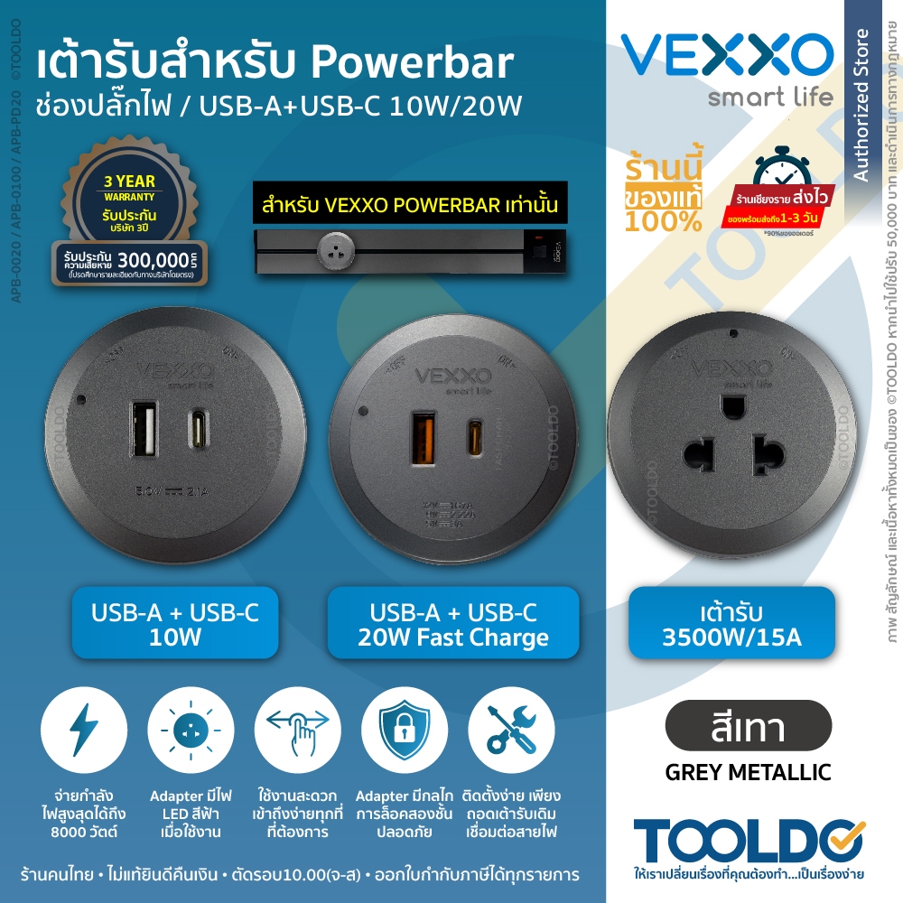 VEXXO เต้ารับ Socket สำหรับ POWERBAR เท่านั้น ประกัน3ปี USB-A/C 10W 20W Fast Charge รางไฟ อัจฉริยะ