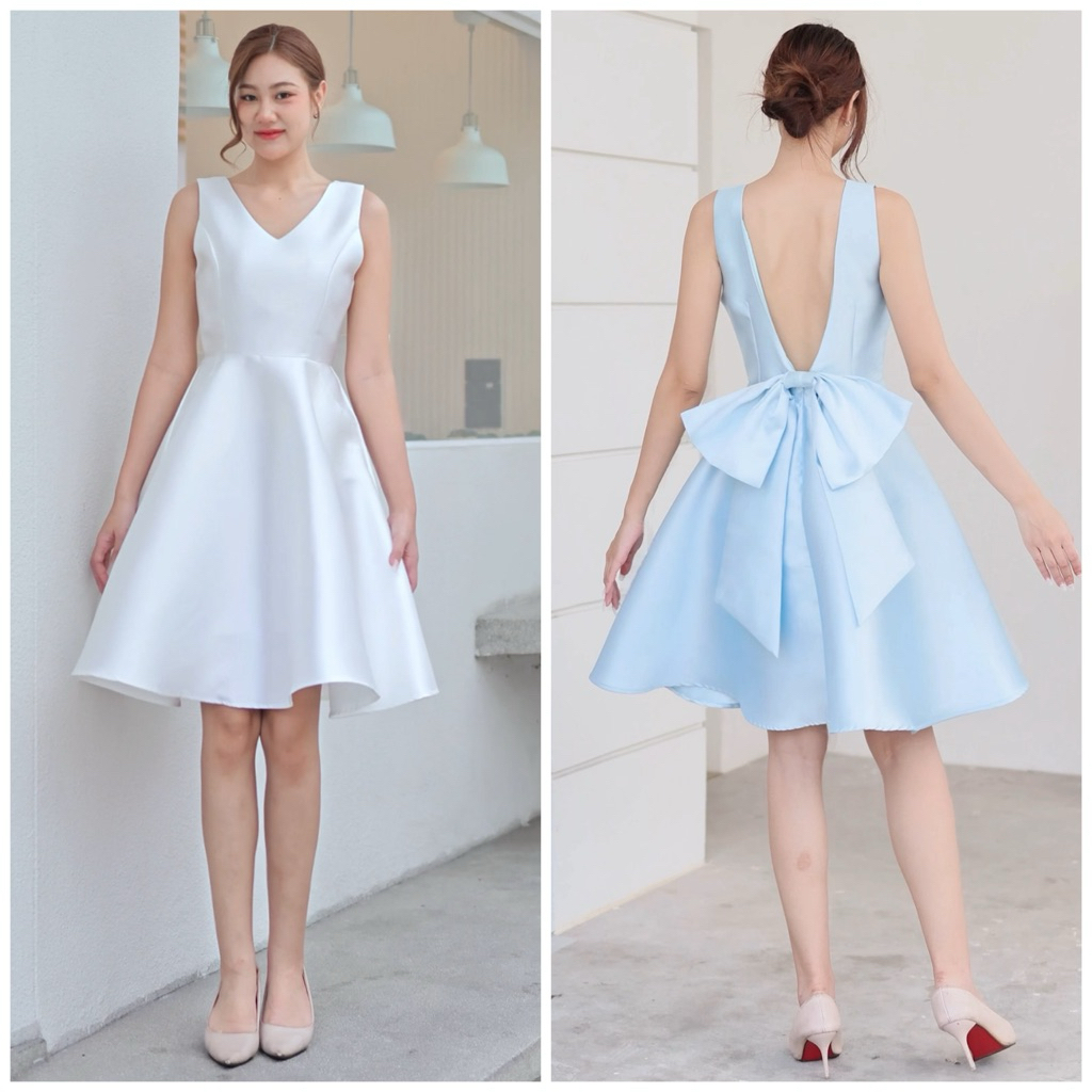 VG0136  คอวี แต่งโบว์หลัง ชุดไปงานแต่ง ชุดออกงาน เดรสเพื่อนเจ้าสาว [LUXURY707]