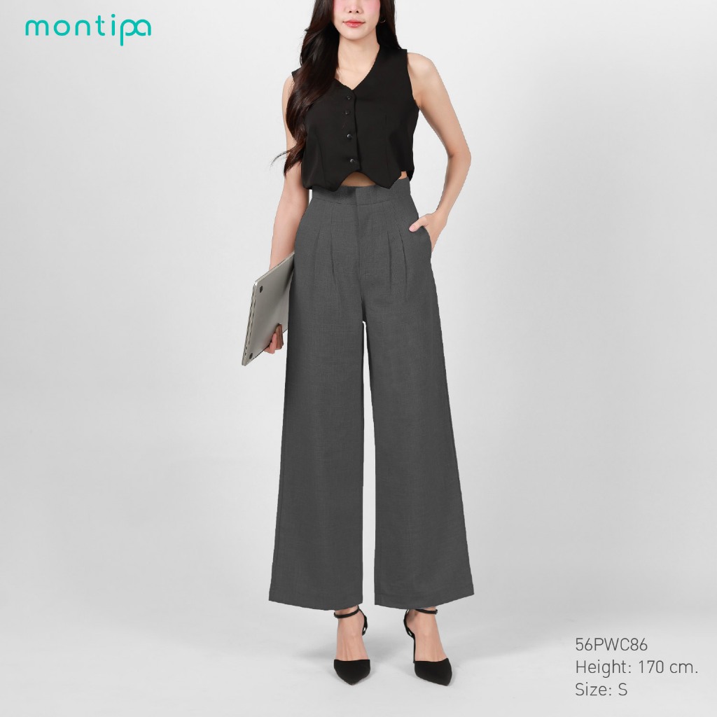 Montipa กางเกงทรงกระบอกใหญ่ ซิปตะขอหน้า แต่งจีบหน้า ผ้า Comfort 56PWC86