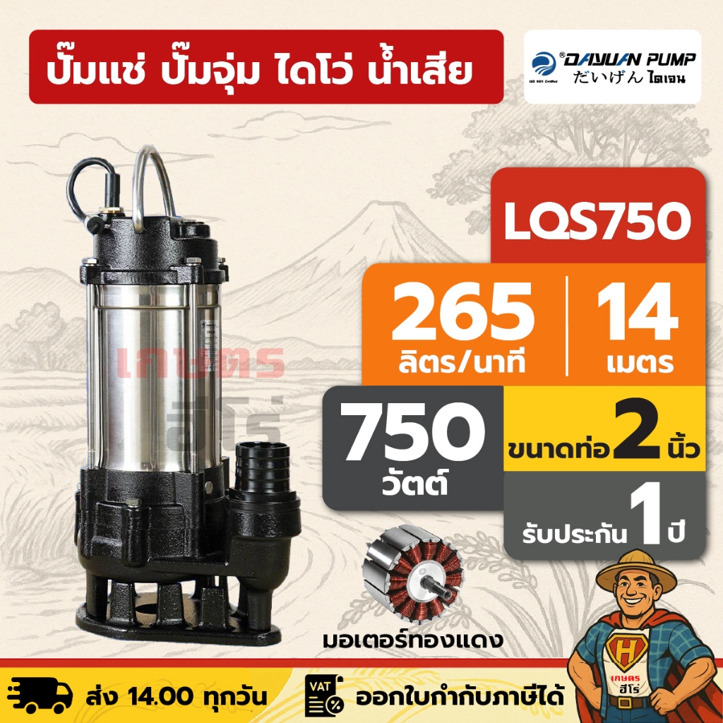 ปั๊มแช่ ปั๊มจุ่ม ไดโว่ น้ำเสีย / ตัวสแตนเลส 2 นิ้ว DAYUAN [ไดเจน] LQS750 | 750 วัตต์ มอเตอร์ทองแดง