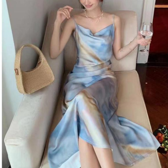 blue dress เดรสยาว รัดรูป เกาหลี ทรงเอ ผู้หญิง ไปทะเล ออกงาน น่ารัก เดรสแฟชั่น