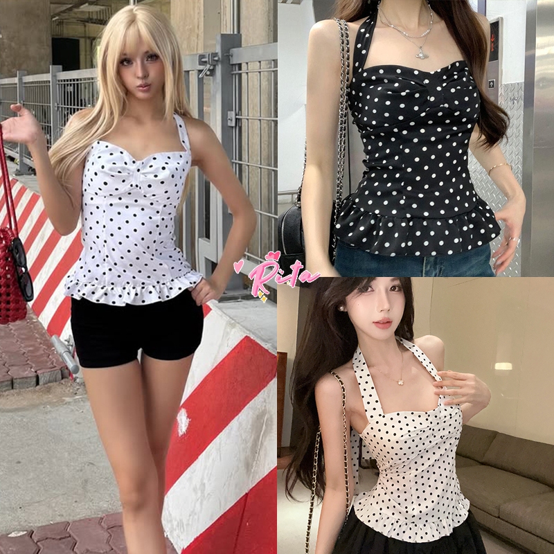 Rita พร้อมส่ง🍒ลายจุด เสื้อคล้องคอ🍒ลายจุดหลากหลาย ผูกโบว์หลัง แต่งปลายระบาย ทรงสวยสุดๆ น่ารักมาก คอวี สำหรับหรับผู้หญิง
