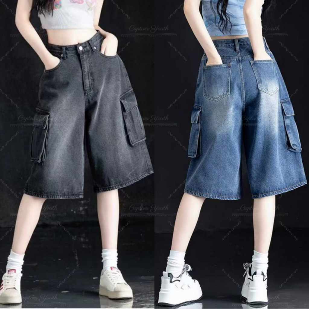 พร้อมส่ง S-10XL กางเกงยีนส์ 5 ส่วน เอวสูงอเมริกันสไตล์ ผ้านิ่มใส่สบาย