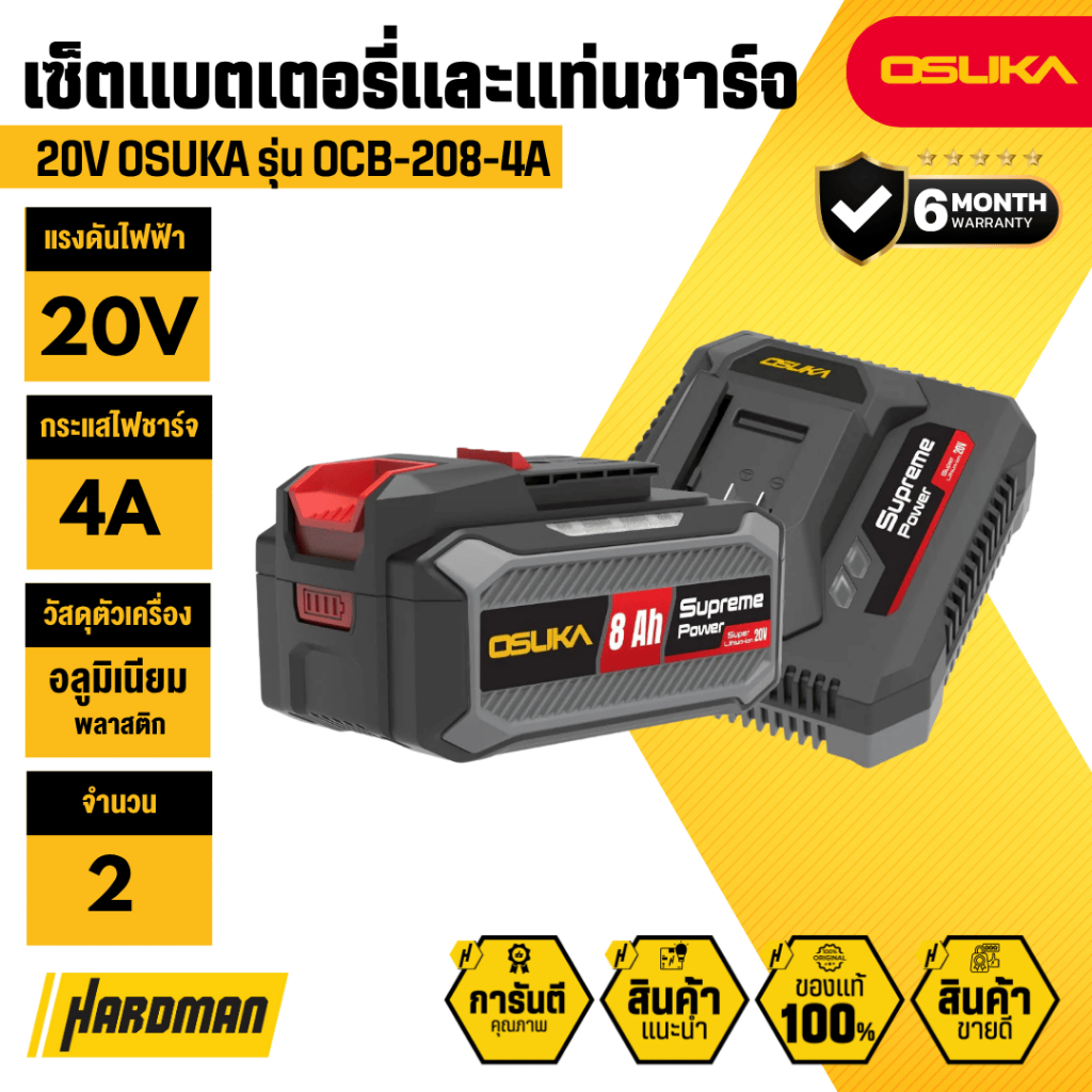 OSUKA OCB-208-4A ชุดเซ็ตแบตและแท่นชาร์จ 20V 8.0Ah Supreme Power