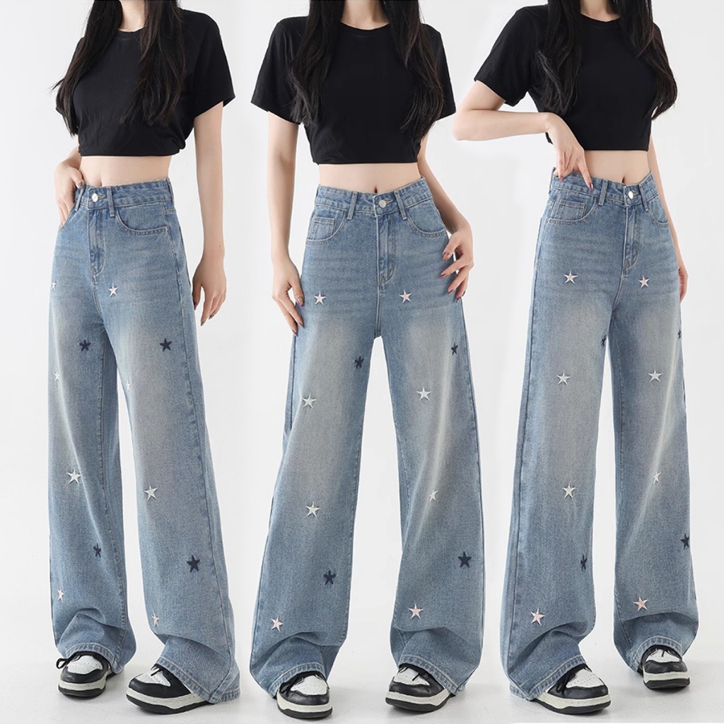 S~5XL Star pattern embroidered pants กางเกงยีนส์สีน้ำเงินขนาดใหญ่ กางเกงขายาวขาบานพิมพ์ลายดาว กางเกงยีนส์ขาตรงหลวมๆ HOT
