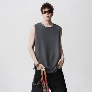 ACHSAWAKE ผู้ชายเสื้อกั๊กสะดวกสบายง่ายต่อการผ่อนคลายแขนกุดสีทึบ