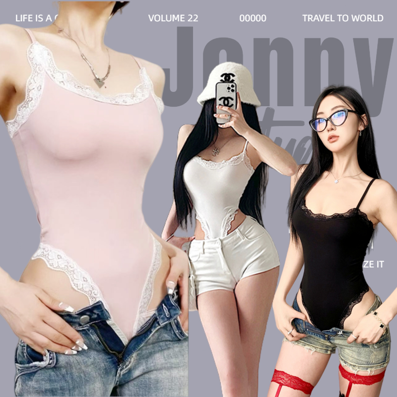 Jennyพร้อมส่ง👙 ชุดบอดี้สูทลูกไม้เซ็กซี่ เสื้อท็อป เอวลอย ทรงเข้ารูป แต่งขอบลูกไม้ Slimming ใส่แล้วดูหนุ่นดีแฟชั่นผู้หญิ