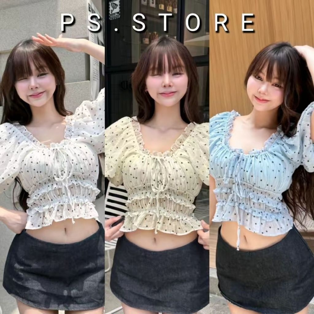 Balloon Top : เสื้อครอปแขนบอลลูน แต่งขอบระบายชั้น ผูกโบว์หน้าอก สีน่ารักละมุนมาก