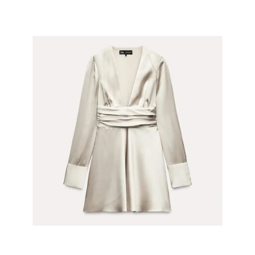 Zara​ Satin​ dress​ ชุดเดรสแขนยาว​ คอวีลึก​ ผ้าซาติน​ มือ1