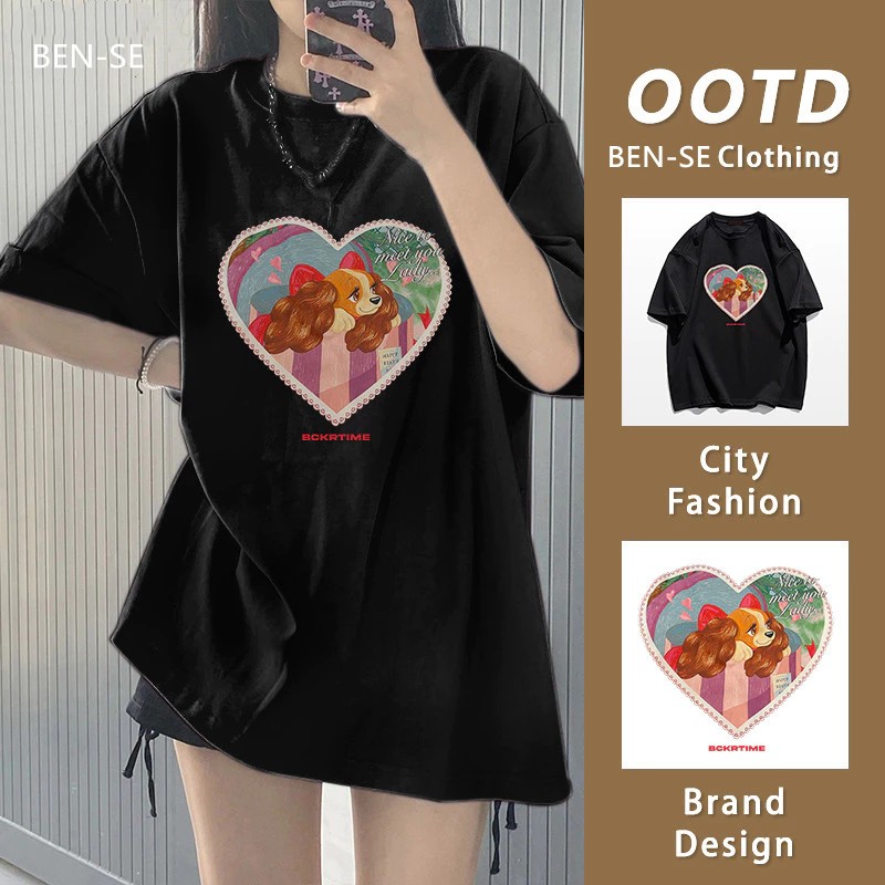 เสื้อฟอกวินเทผู้หญิงฤดูร้อนใหม่ ผ้าฝ้าย 100% oversizeเสื้อผ้าแฟชั่นวัยรุ่น ทรงหลวมสไตล์เกาหลี เสื้อยืดลายการ์ตูนน่ารักๆ