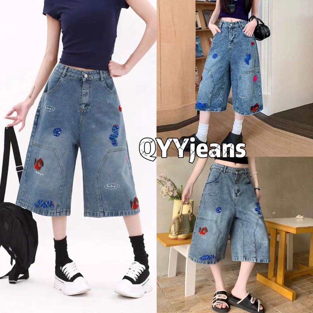 S-5XLกางเกงยีนส์ขา7ส่วนเอวสูง ปักลายน่ารัก ใส่ได้ทั้งผู้หญิงผู้ชาย นื้อผ้ายีนส์ไม่ยืด