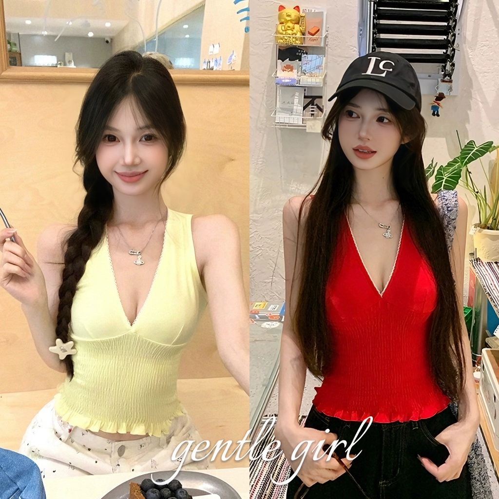 #GG🎀เสื้อกั๊กแขนกุดคอวีสำหรับผู้หญิงในช่วงฤดูร้อน เสื้อตัวสั้นเข้ารูป สไตล์เกาหล เซ็กซี่ สาวร้อนแรง