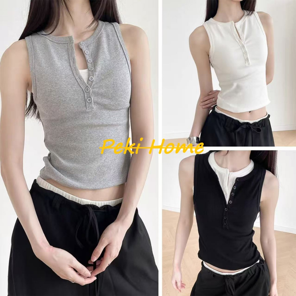 เสื้อกล้าม คอเฮนลี่ ใส่สบายฤดูร้อน มีกระดุม