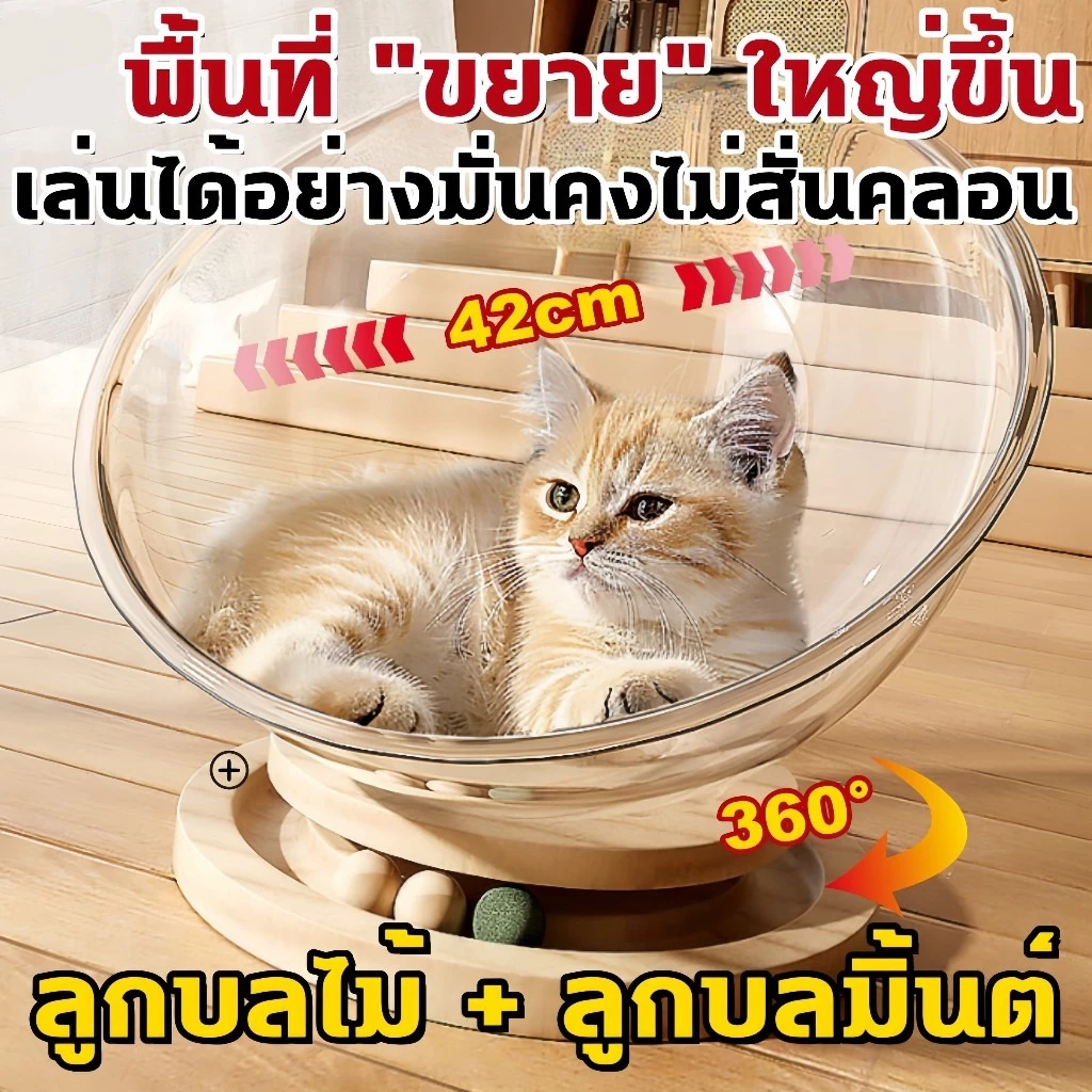 🐱2in1 รังแมวแคปซูลอวกาศ ของเล่นแมว ม้าหมุนครอกแมว บ้านแมว หลุมอวกาศ ที่นอนอวกาศ จานเสียงไม้เนื้อแข็งอะคริลิค