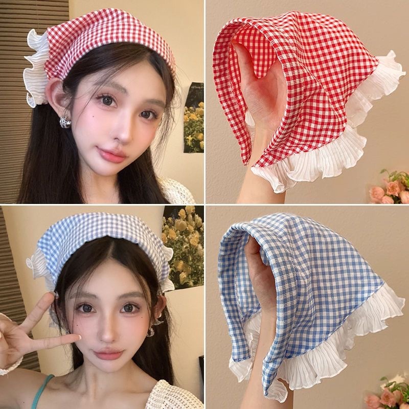 ผ้าคลุมศีรษะ ตรวจสอบการออกแบบ การเย็บลูกไม้ เกาหลี น่ารัก ผ้าพันคอสามเหลี่ยม มีตัวเลือกมากมายให้เลือก