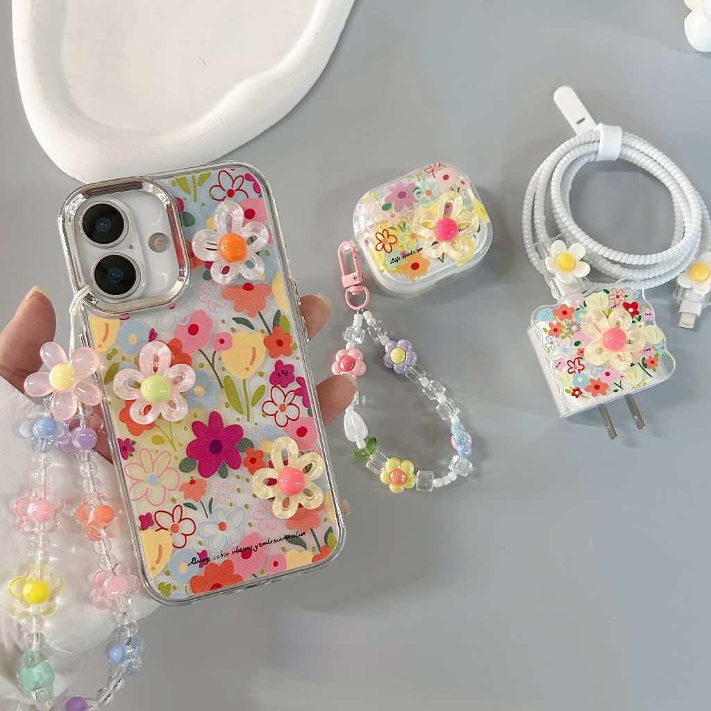 เคสลายดอกไม้ใหญ่ ครบเซ็ท 3ชุ สำหรับ for iPhone 11 12 13 14 15 16 Pro max 16plus 16Promax Airpods 1 2 3 4 gen 1 2 3