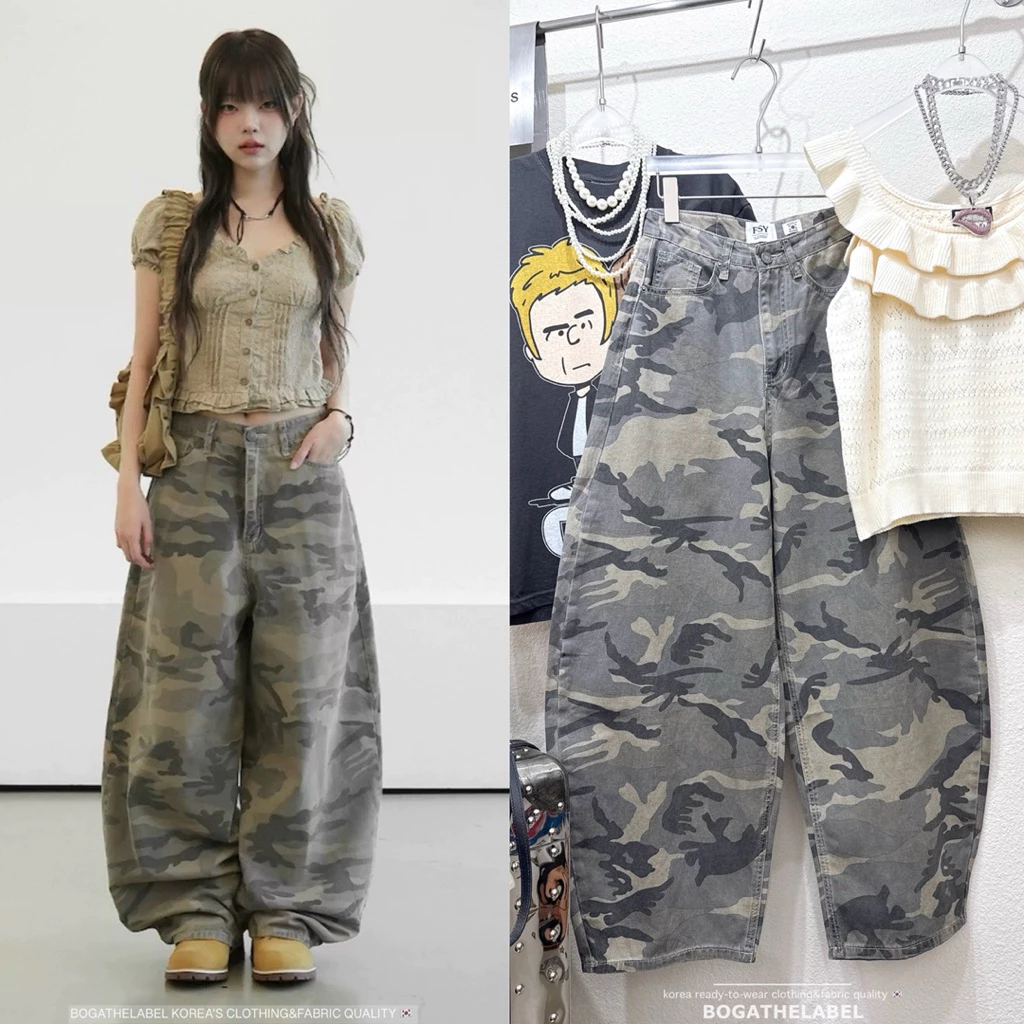 📍พร้อมส่งSLXL📍Smoke camo barrel jeans • ยีนส์ทรงชิคๆ มาในผ้ายีนส์ลายทหาร เท่มาก❕เย็บแบบขยายด้านข้างพองๆทรงถัง