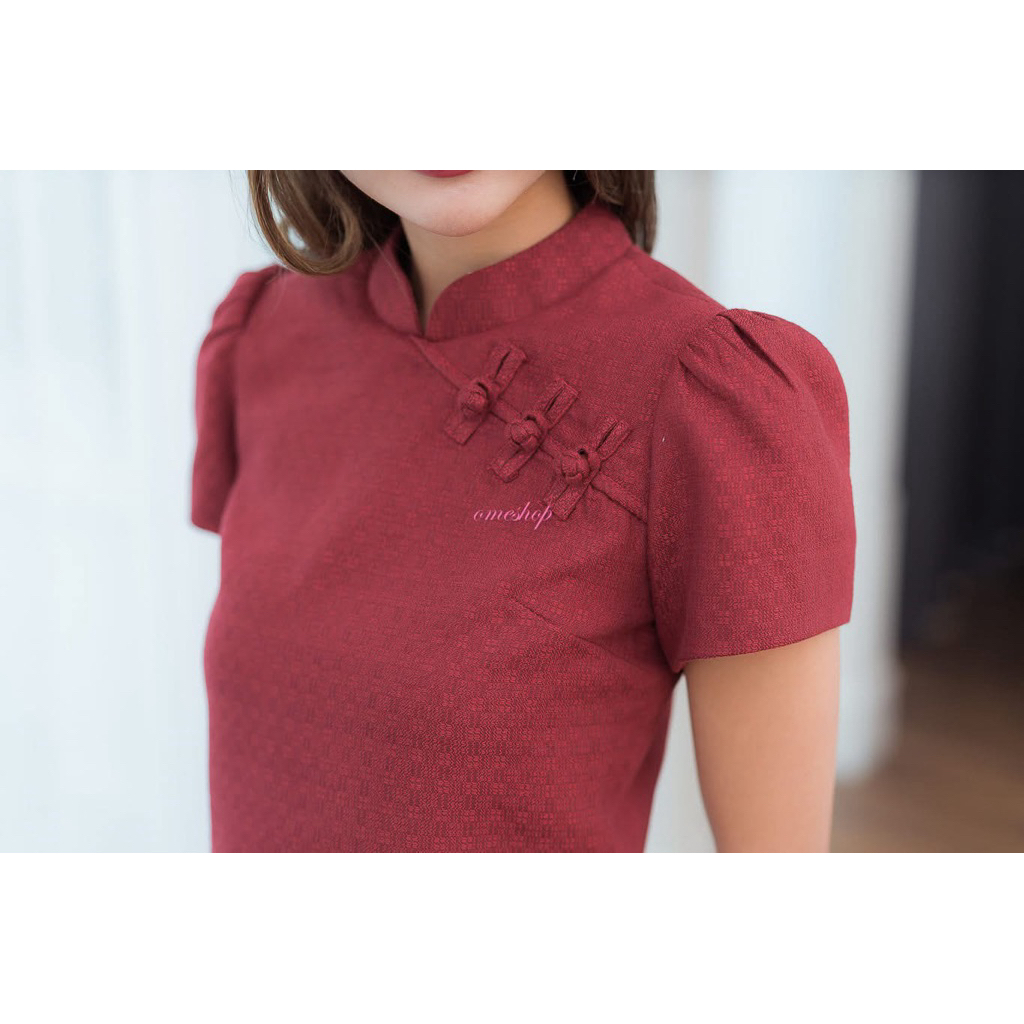 Omeshop เสื้อคอจีน ผ้าไทย อก 34 นิ้ว *มือสอง*