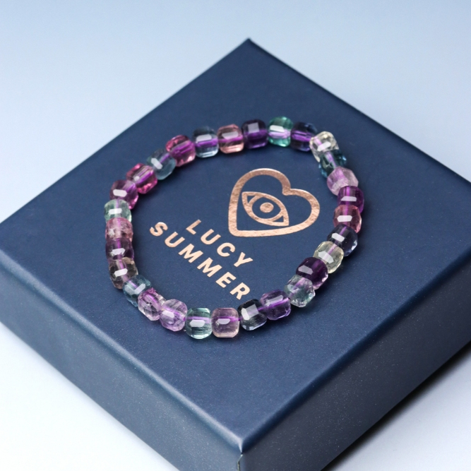 LUCYSUMMER กำไลข้อมือหินแท้ Multi-color Fluorite ฟูออไรท์ ขนาด 7 mm เหลี่ยม