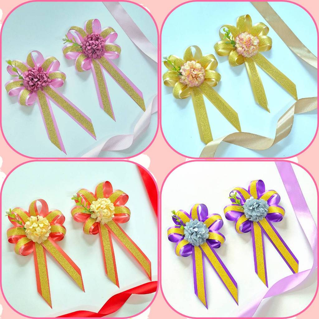 โบว์ติดของขวัญ ขนาด 10 ซม. (10 * 16 ซม.) ด้านหลังเป็นกาว 2 หน้า ริบบิ้นติดของขวัญ