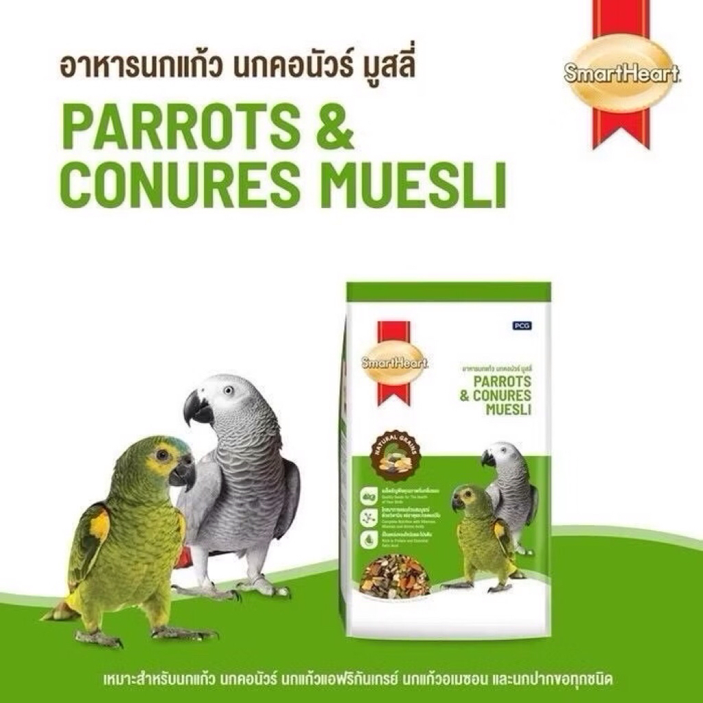 สมาร์ทฮาร์ท อาหารนกแก้ว นกคอนัวร์ มูสลี่ 1กก./ SmartHeart Parrots & Conures Muesli 1kg.