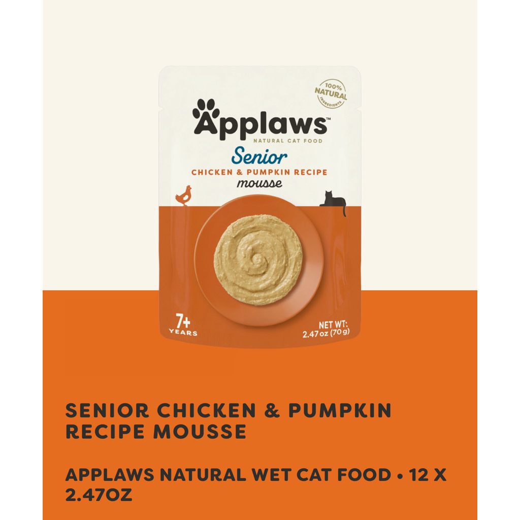 (2 รส 📦✅1 แพ็ค 12 ซอง (70 G) อาหารแมวสูงวัยเนื้อมูส Applaws Natural Senior Wet Cat Food in Creamy Mousse, Limited