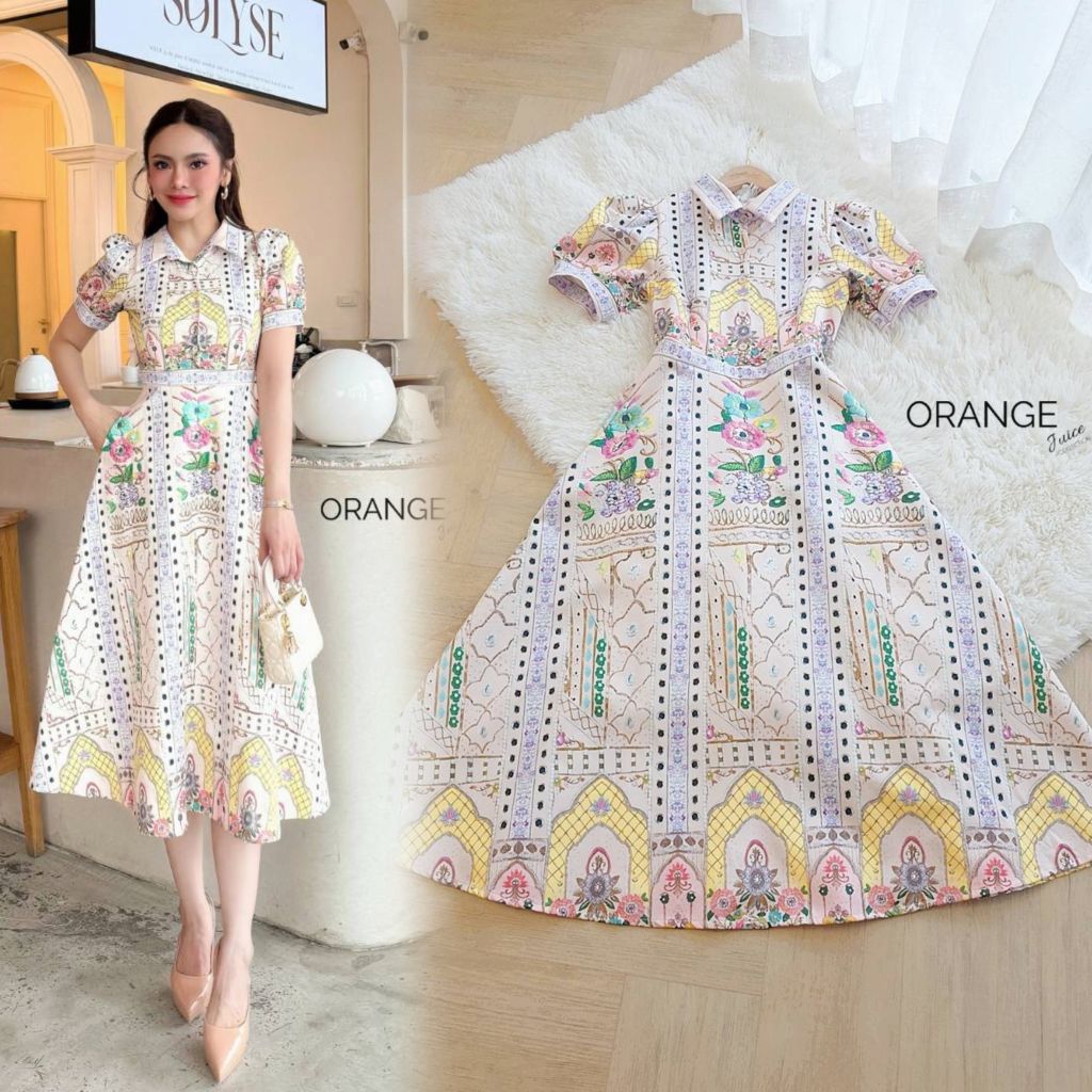 เดรสสีครีมสวยละมุน!!! S-5XL Maxi Dress เดรสแขนพองพิมพ์ลายดอกไม้กระดุมหน้า งานป้าย Orange Juice
