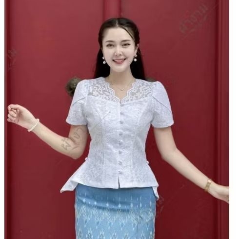 เสื้อลูกไม้อิตาลีแขนกลีบบัว เอวจีบ