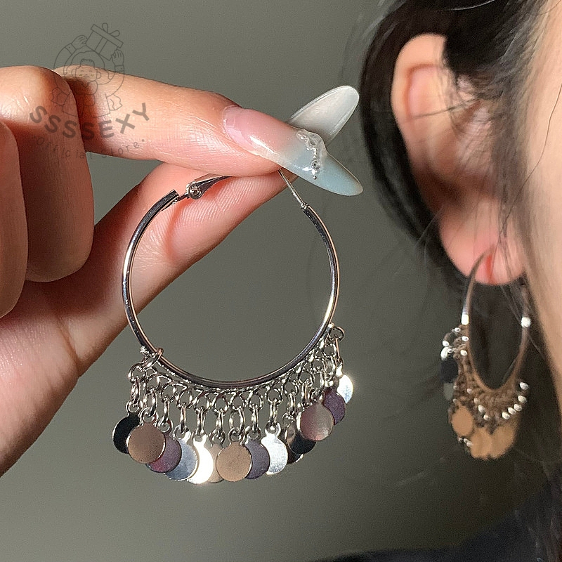 SSSEXY ต่างหูห่วงเงิน 925 ลายประกายทะเล พู่พลิ้วสวย สไตล์ชนเผ่า หรูหรามีระดับ S055