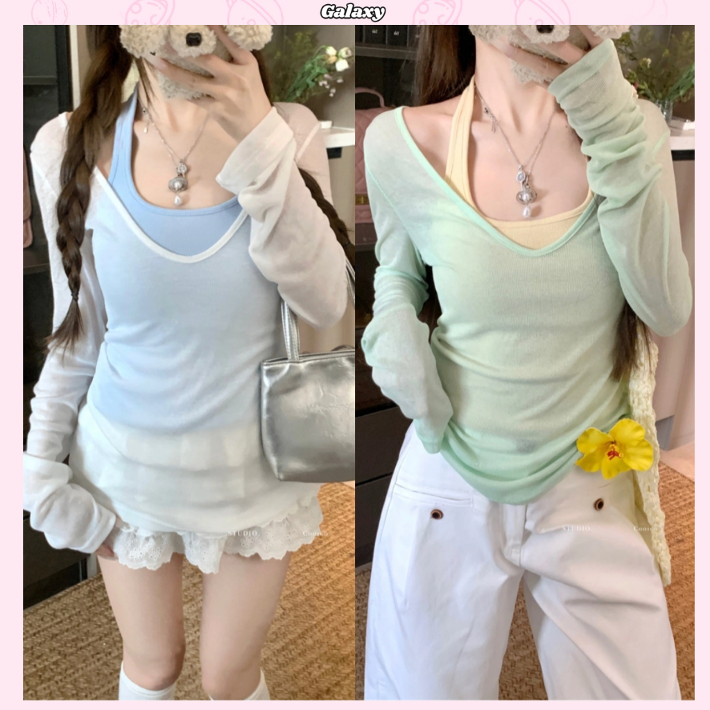 เสื้อกันเเดดทรงหลวม เสื้อยืดใส่ด้านนอก ผ้าลื่น  คอเปิดใหญ่ เข้ารูป เเมชท์ด้านนอก #020248