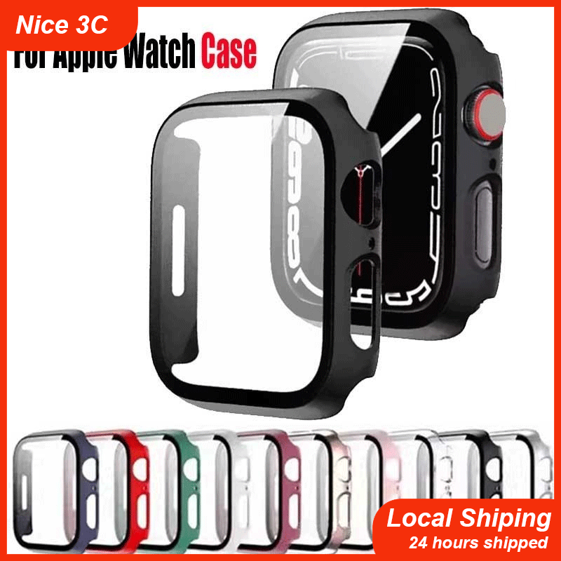 กระจกนิรภัย + เคสสำหรับอุปกรณ์เสริม Apple Watch เคส 45 มม. 41 มม. 4 ชิ้น ฟิล์มกันรอยหน้าจอ iWatch 6 5 4 44 มม. 40 มม.