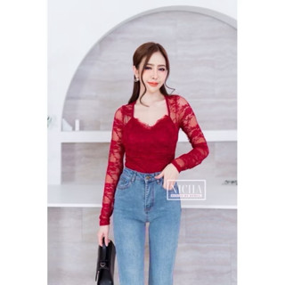 Bodysuit แขนยาวผ้าลูกไม้ มีซับใน เสริมฟองน้ำ ป้าย Nicha #139…