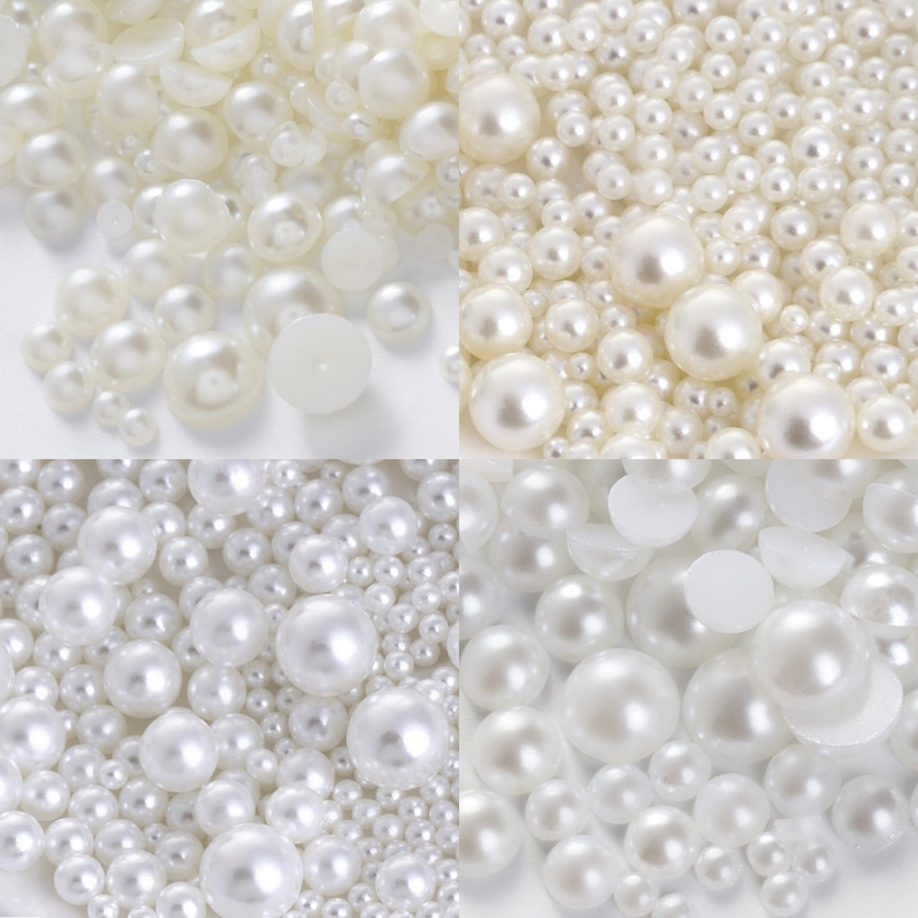 ลูกปัดมุกสีขาว,ขาวนวล คละขนาด ครึ่งซีก,ไม่มีรู ตกแต่งเครื่องประดับdiy 10g