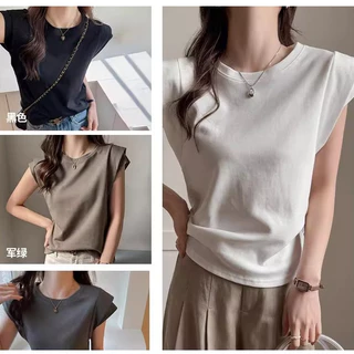 เสื้อแขนกุดผู้หญิงทำงาน สีพื้น oversize เสื้อผ้าสาวอวบน่ารัก เสื้อยืดแฟชั่นมาใหม่สวยๆ ลําลองทรงหลวมสไตล์เกาหลีแขนสองชั้น