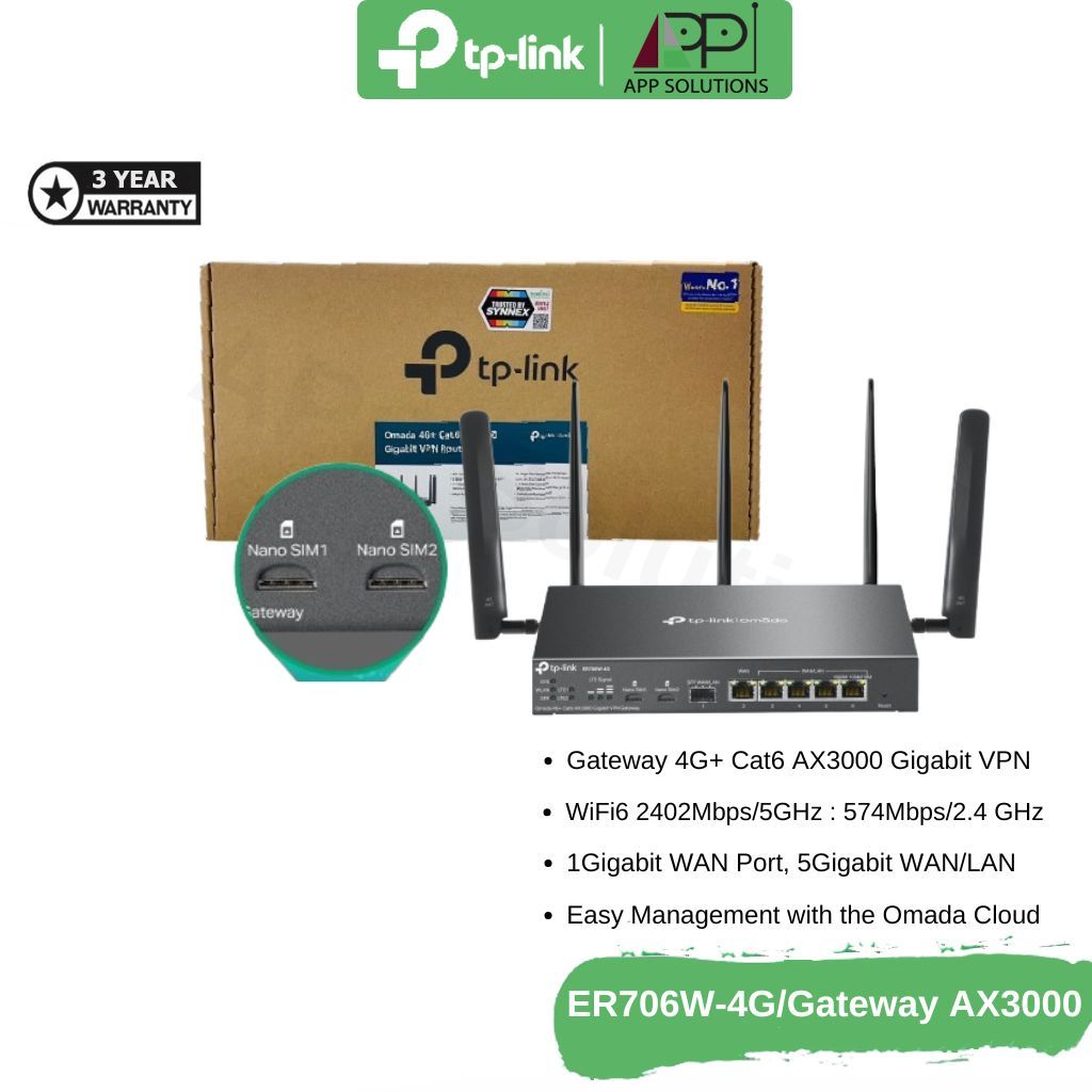 TP-LINK 4G Router Gateway Wireless AX3000/5Port/1SFP รุ่น ER706W-4G(ประกันLifetime)