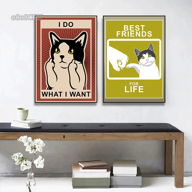 (พร้อมส่งจากไทย ภาพรวมกรอบ)รูปภาพแมว กวน Best Friends Cat Vintage Retro Home Decorสําหรับตกแต่งผนังบ้าน ห้องนั่งเล่น