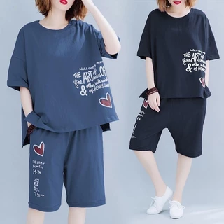 Swan shop ชุดเซ็ตลำลองผู้หญิง เสื้อยืด+กางเกงขาสั้น ลายตัวอักษรพร้อมรูปหัวใจ ใส่สบาย