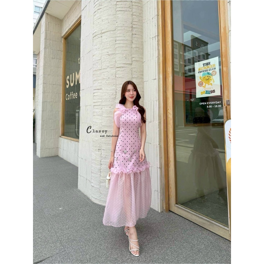 M12 มาเพิ่มแล้ว งานป้าย Classy Dress เดรสยาวลายจุดแต่งระบายสองชั้น สำหรับผู้หญิง สาวอวบ เสื้อผ้าแฟชั่นผู้หญิง ไซส์ S-2XL