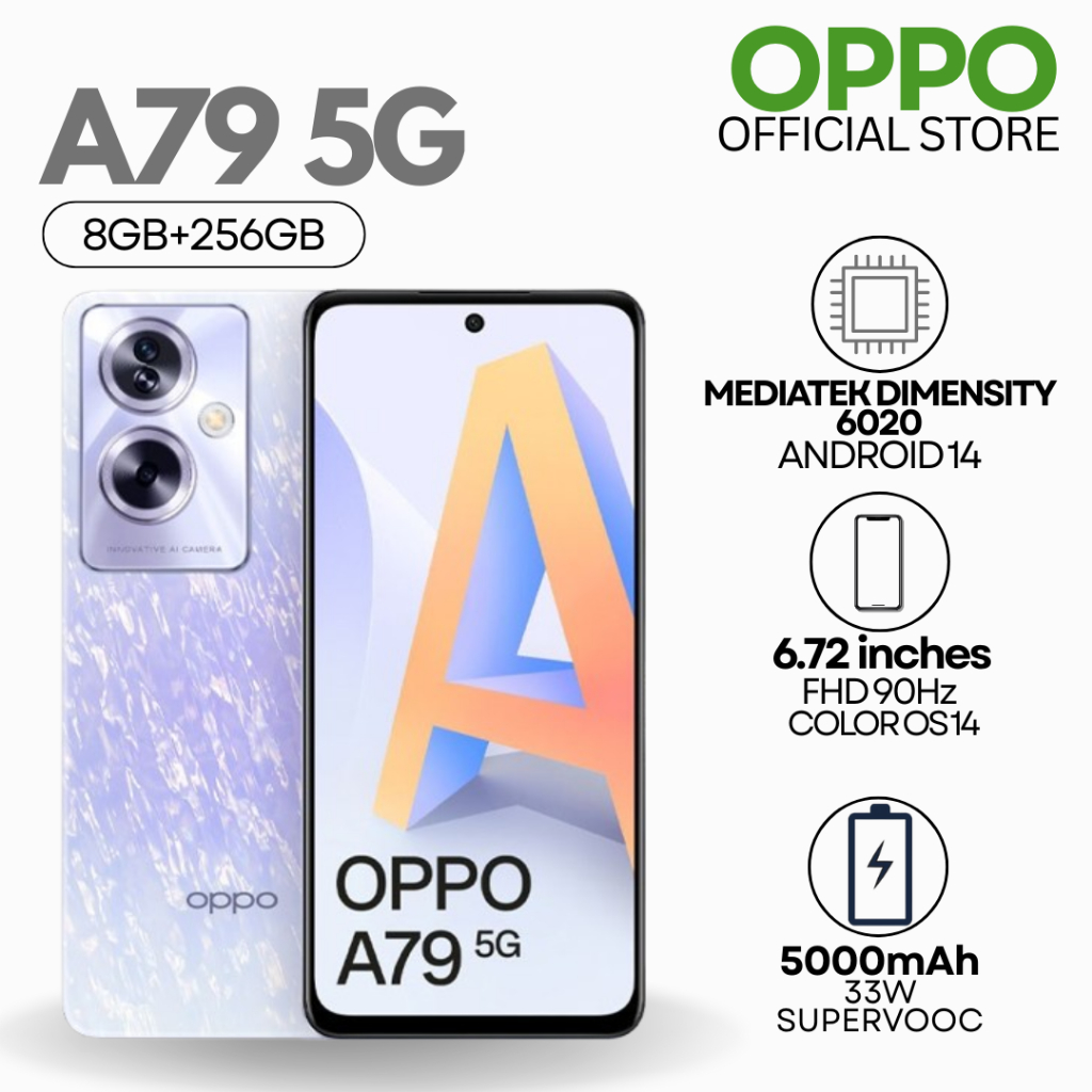 OPPO A79 5G | 8GB + 256GB | จอใหญ่ 6.72” FHD+ 90Hz | ชิป Dimensity 6020 | กล้อง 50MP | แบต 5000mAh