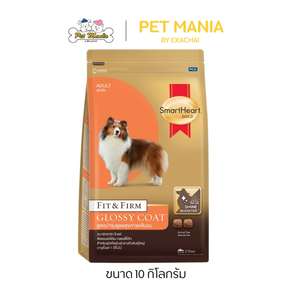 SmartHeart Gold Fit & Firm Glossy Coat Adult Dog สำหรับสุนัขโตพันธุ์กลาง-ใหญ่ สูตรบำรุงขน ขนาด 10 kg.