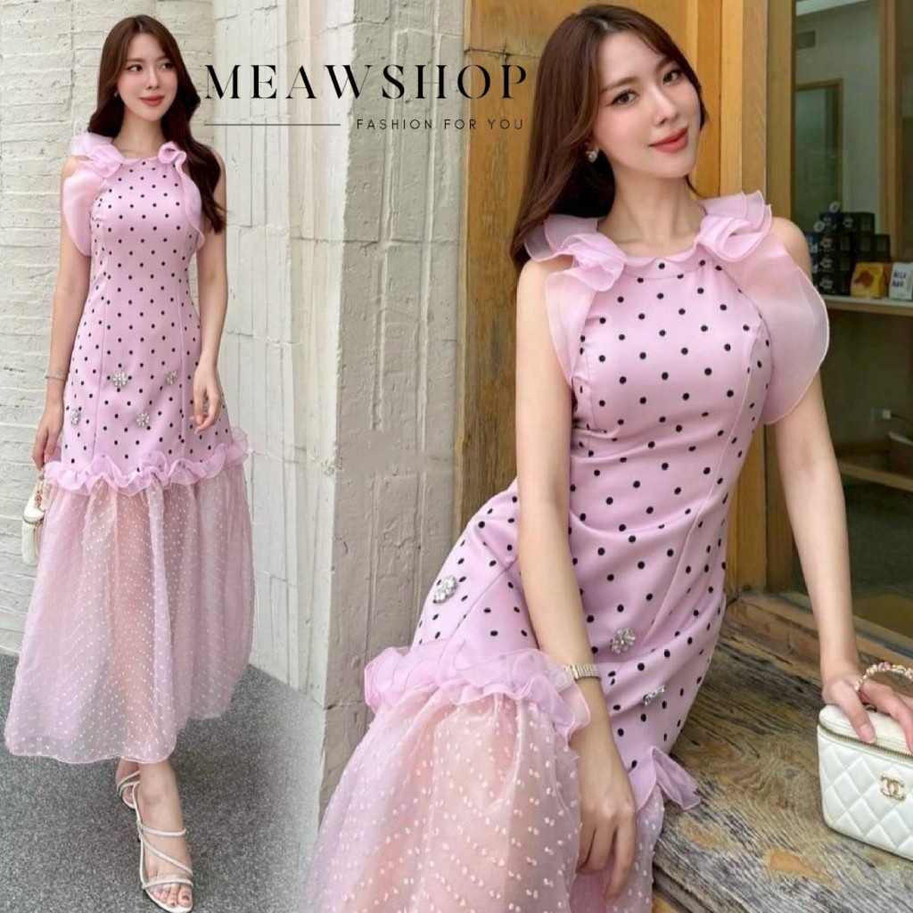 S-2XL เดรสยาวแขนกุด ทรงเข้ารูปคอปีน  สวยๆ ใส่ได้ทุกโอกาส สวยหรู ชุดทำงานผู้หญิง ชุดออกงาน ชุดไปงาน ไ