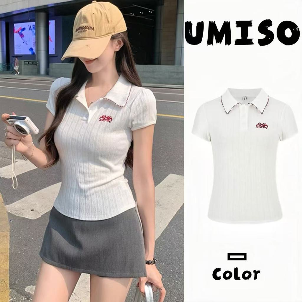 ส่งไวจากไทย เสื้อครอปคอปก มีกระดุมใช้งานได้แมทง่าย กระดุมหน้า ใส่บาย UMISO