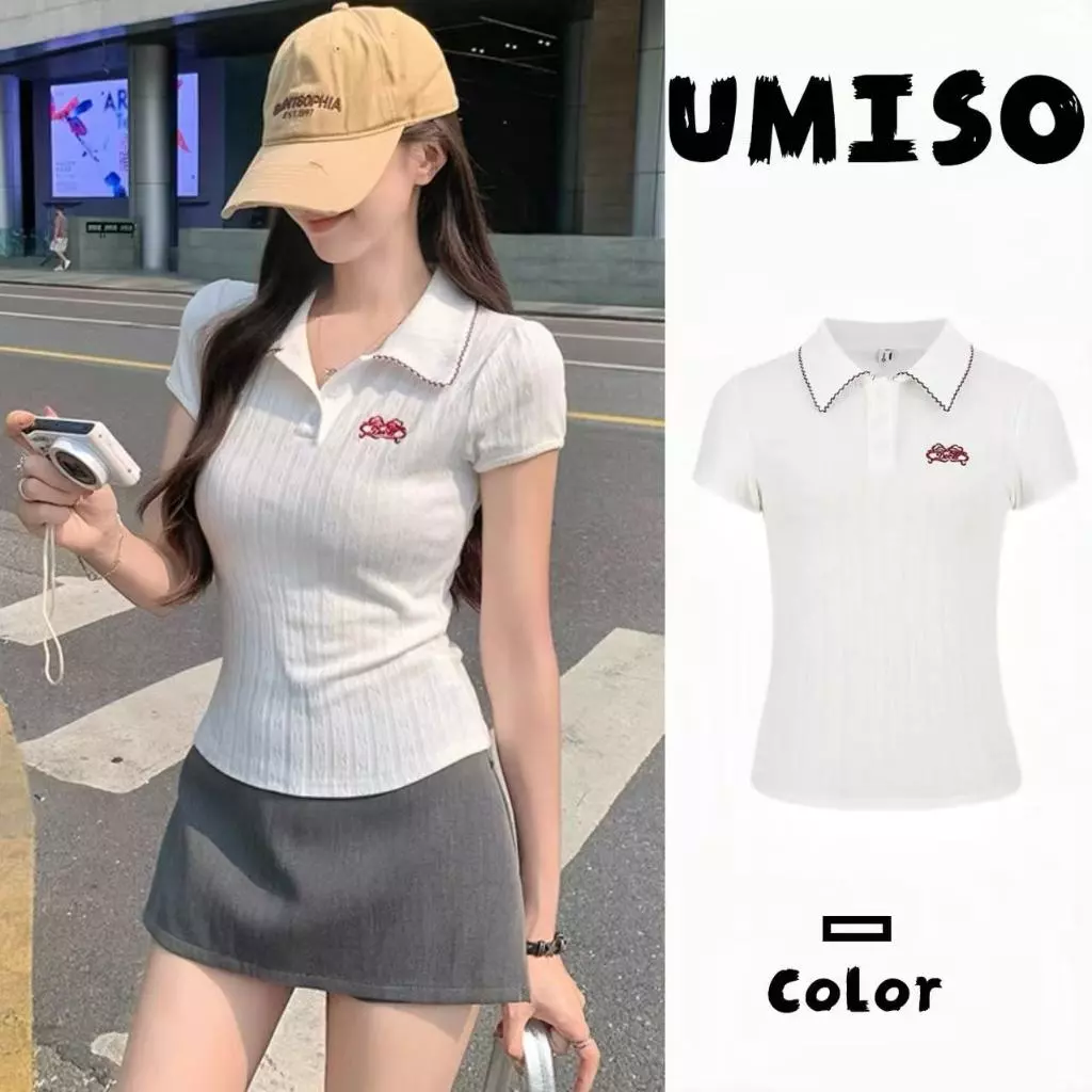 ส่งไวจากไทย เสื้อครอปคอปก มีกระดุมใช้งานได้แมทง่าย กระดุมหน้า ใส่บาย UMISO