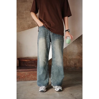 HIMSELF RETRO WIDE JEANS ยีนส์ผู้ชายทรงหลวม เอวสูง ขากระบอกขาตรง ผ้าใส่สบาย ทรงวินเทจแต่งตัวง่าย